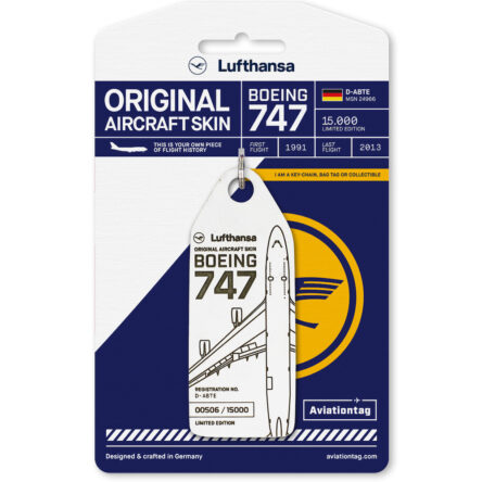 Колекционерски ключодържател/таг за багаж от обшивката на Boeing 747-400 Lufthansa D-ABTE (бял)